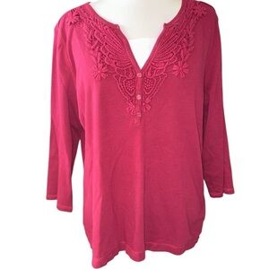 Van Heusen blouse 3/4 sleeves V-neckline w/insert embellish cotton size X-Large